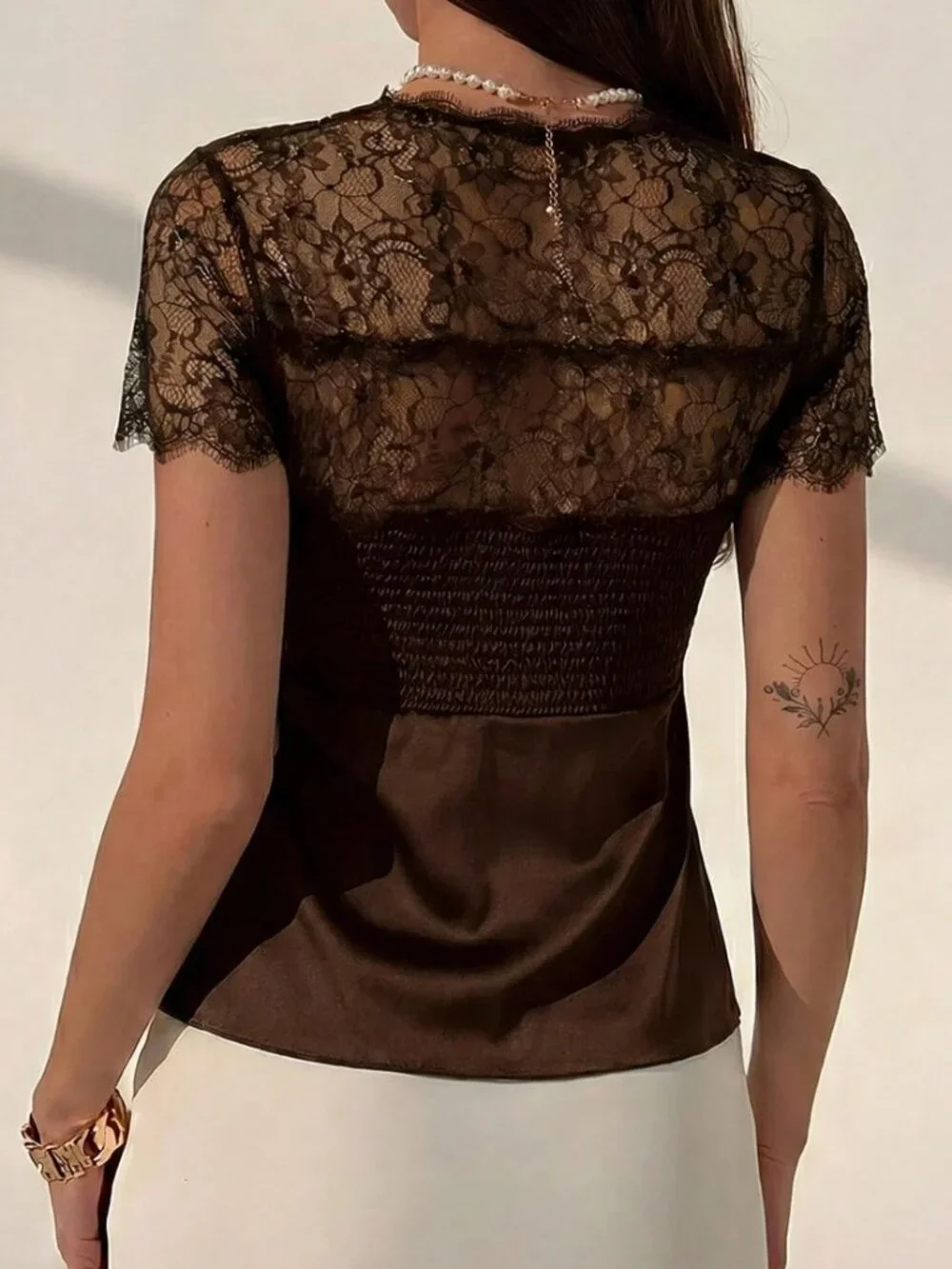 Coffee Brown Sexy Women's Contrast Lace Short Sleeve Blouse